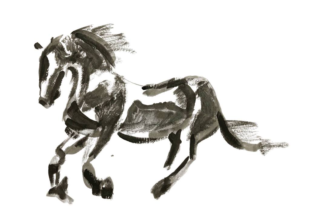 Painting of a black horse running